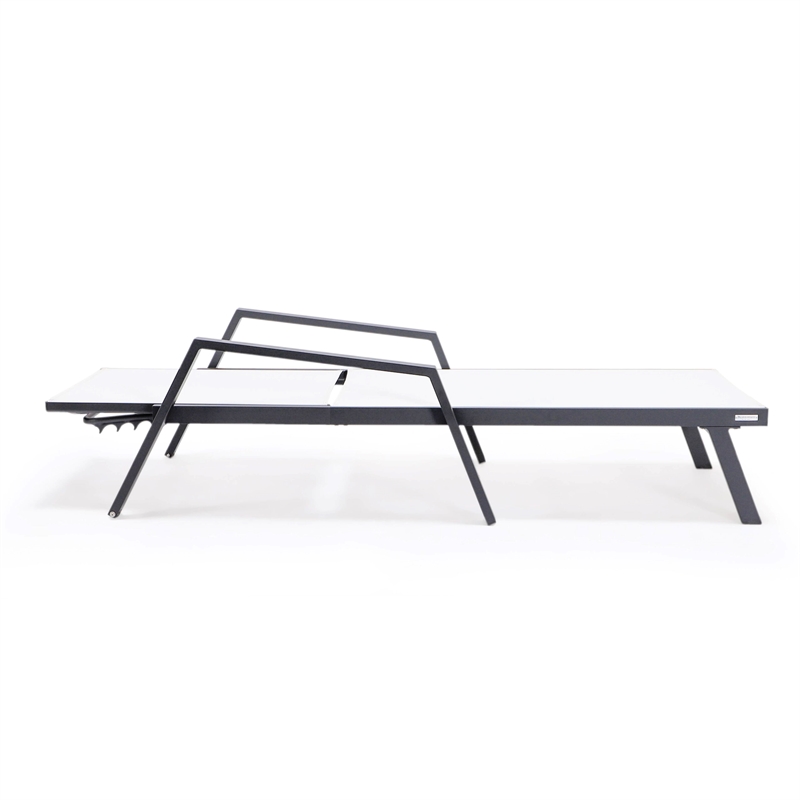 LeisureMod Marlin Patio Chaise Lounge Aluminum Black Arms Set of 2 White