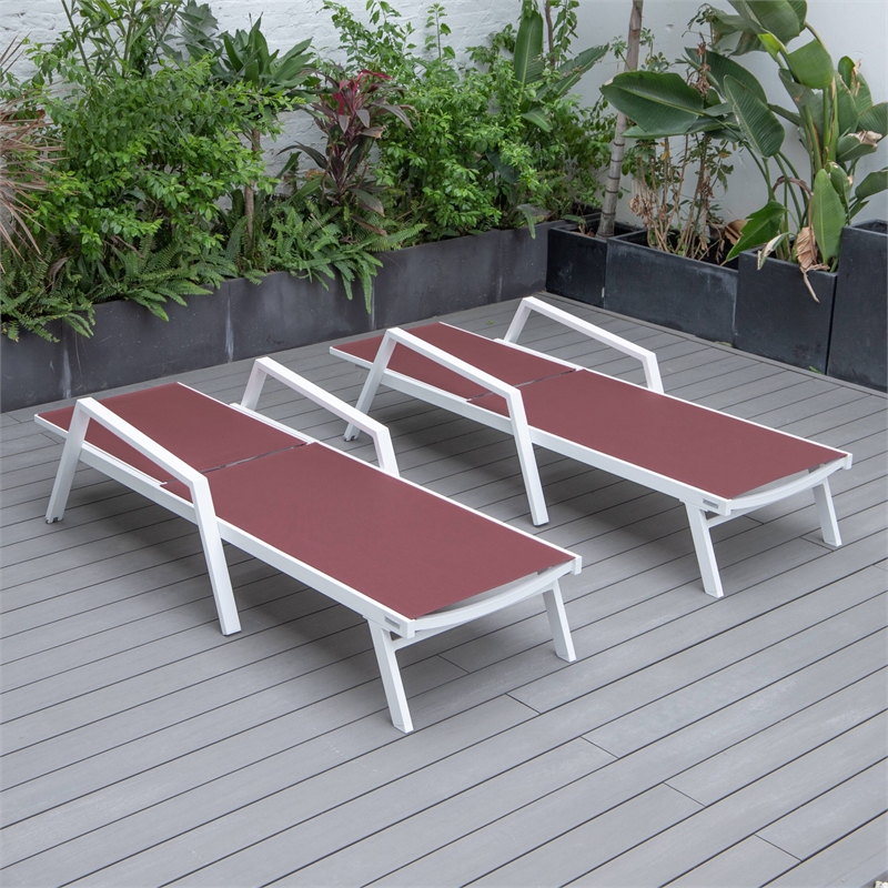 LeisureMod Marlin Patio Chaise Lounge Aluminum White Arms Set of 2 Burgundy