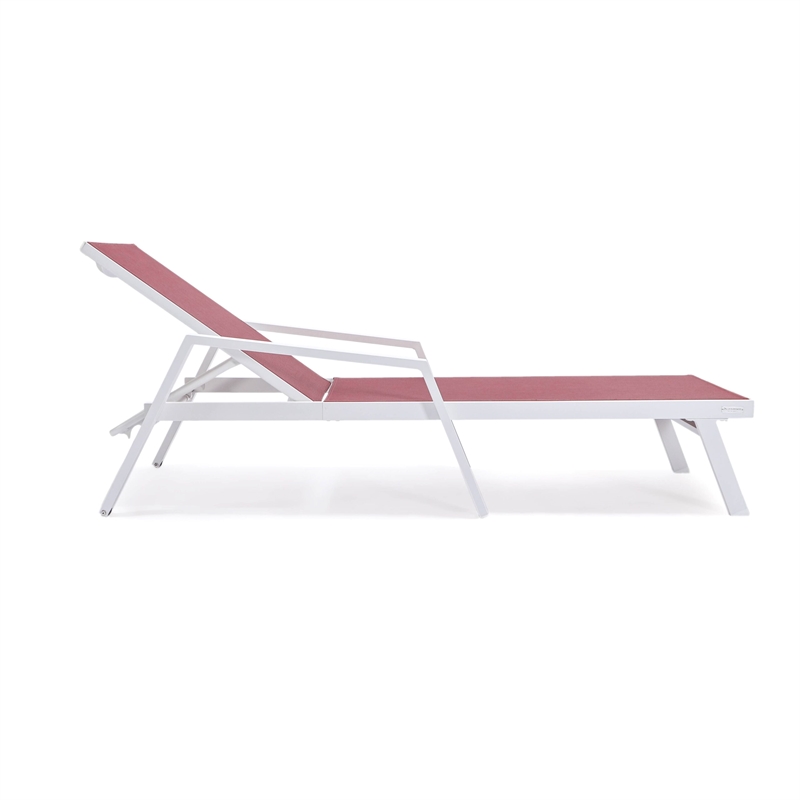 LeisureMod Marlin Patio Chaise Lounge Aluminum White Arms Set of 2 Burgundy
