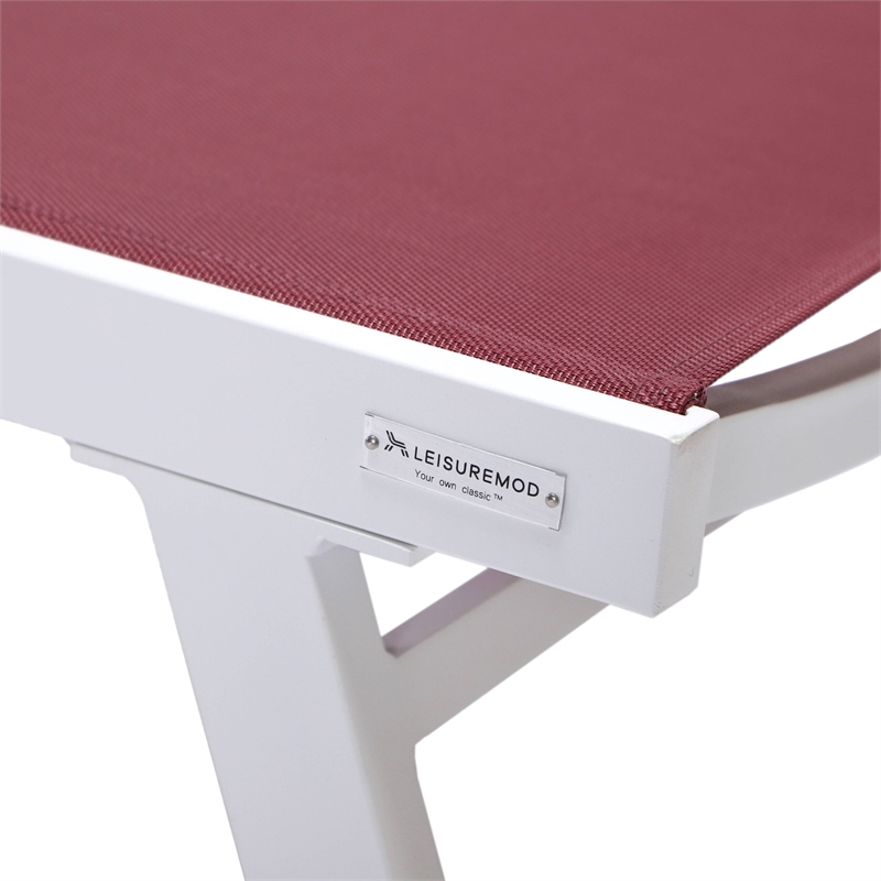 LeisureMod Marlin Patio Chaise Lounge Aluminum White Arms Set of 2 Burgundy