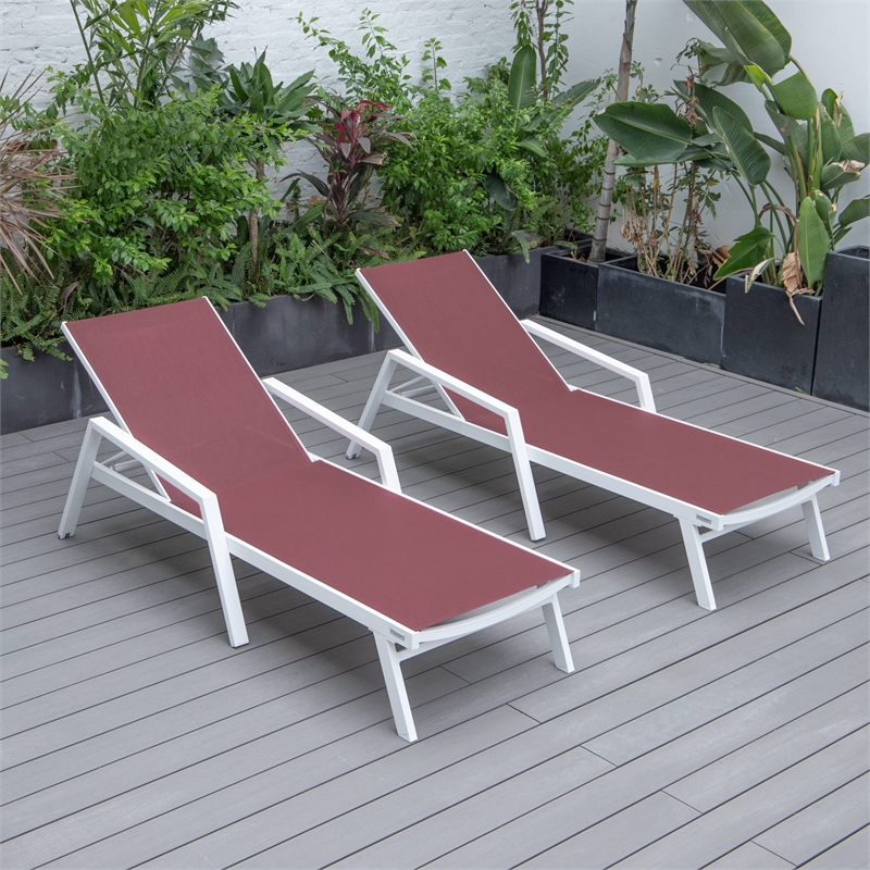 LeisureMod Marlin Patio Chaise Lounge Aluminum White Arms Set of 2 Burgundy