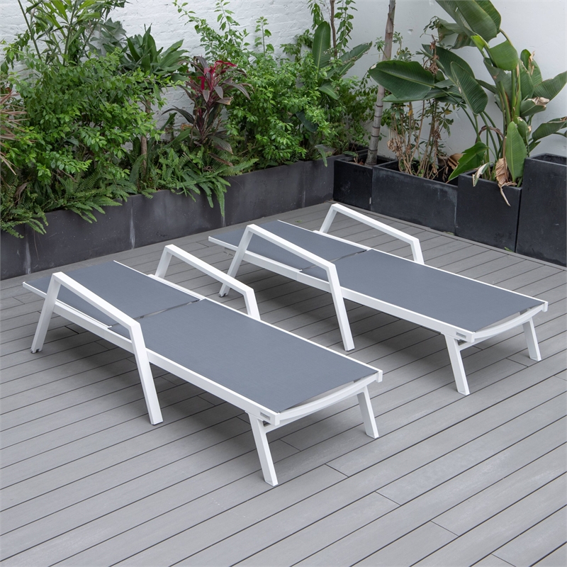 LeisureMod Marlin Patio Chaise Lounge Aluminum White Arms Set of 2 Dark Gray