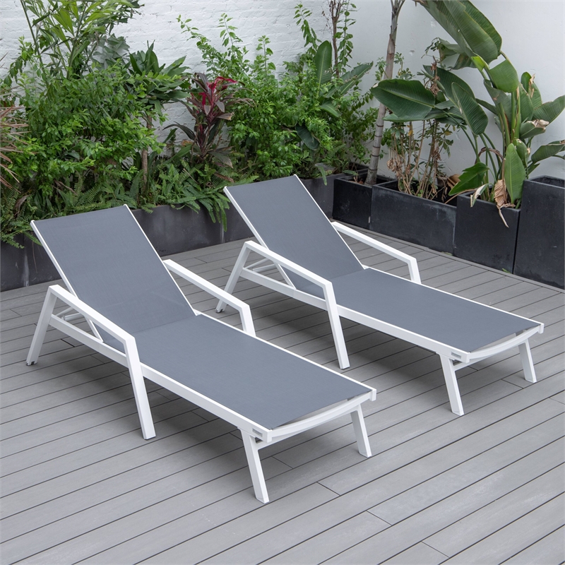 LeisureMod Marlin Patio Chaise Lounge Aluminum White Arms Set of 2 Dark Gray