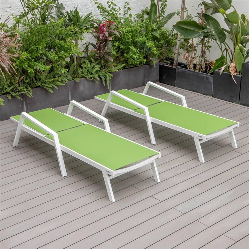 LeisureMod Marlin Chaise Lounge Chair Aluminum White Arms Set of 2 Green