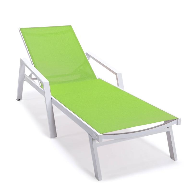 LeisureMod Marlin Chaise Lounge Chair Aluminum White Arms Set of 2 Green