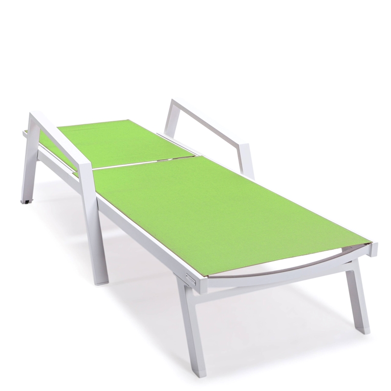 LeisureMod Marlin Chaise Lounge Chair Aluminum White Arms Set of 2 Green