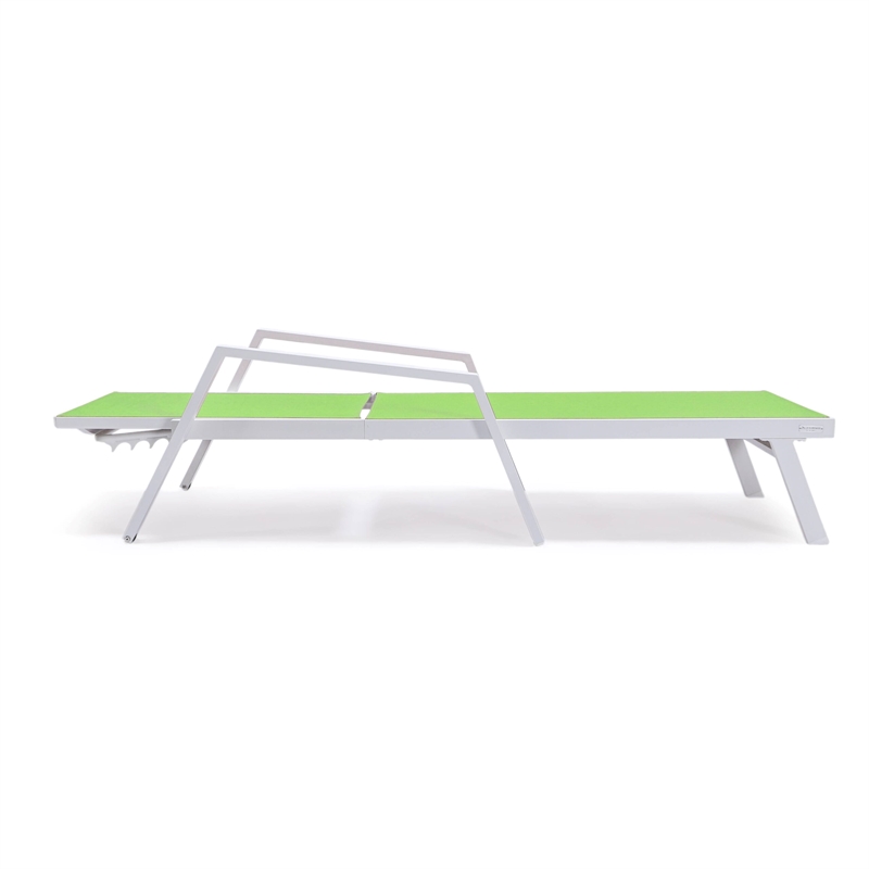 LeisureMod Marlin Chaise Lounge Chair Aluminum White Arms Set of 2 Green
