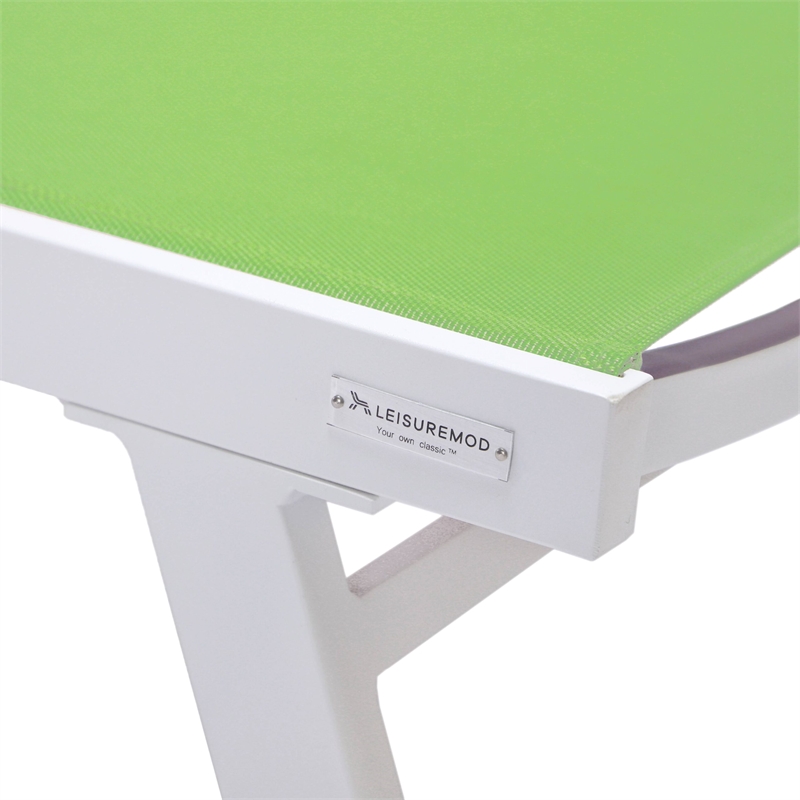 LeisureMod Marlin Chaise Lounge Chair Aluminum White Arms Set of 2 Green