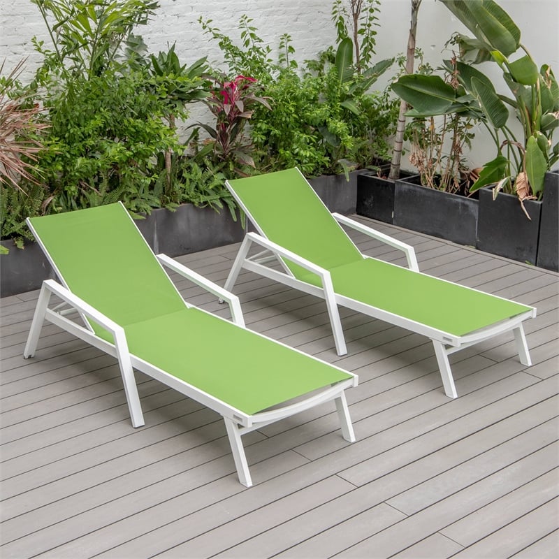 LeisureMod Marlin Chaise Lounge Chair Aluminum White Arms Set of 2 Green