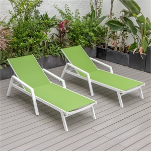 LeisureMod Marlin Chaise Lounge Chair Aluminum White Arms Set of 2 Green