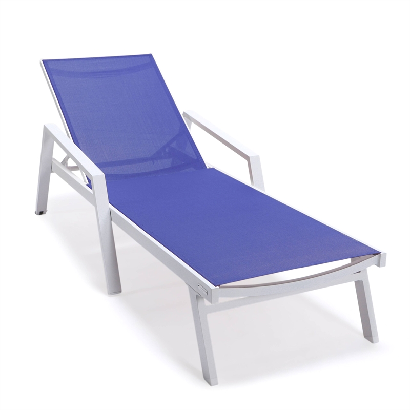LeisureMod Marlin Chaise Lounge Chair Aluminum White Arms Set of 2 Navy Blue