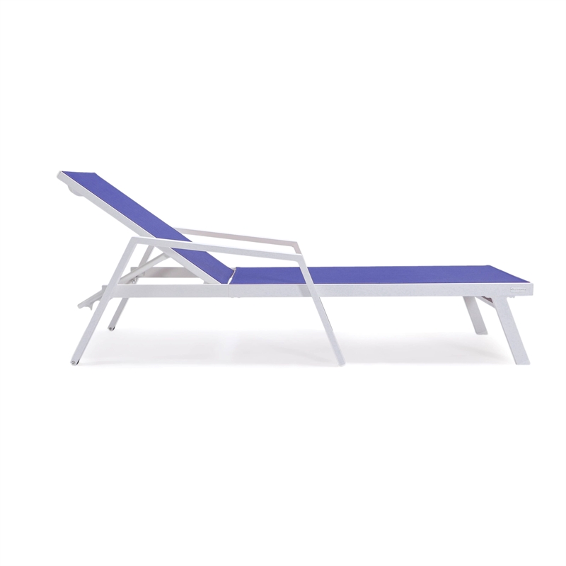 LeisureMod Marlin Chaise Lounge Chair Aluminum White Arms Set of 2 Navy Blue