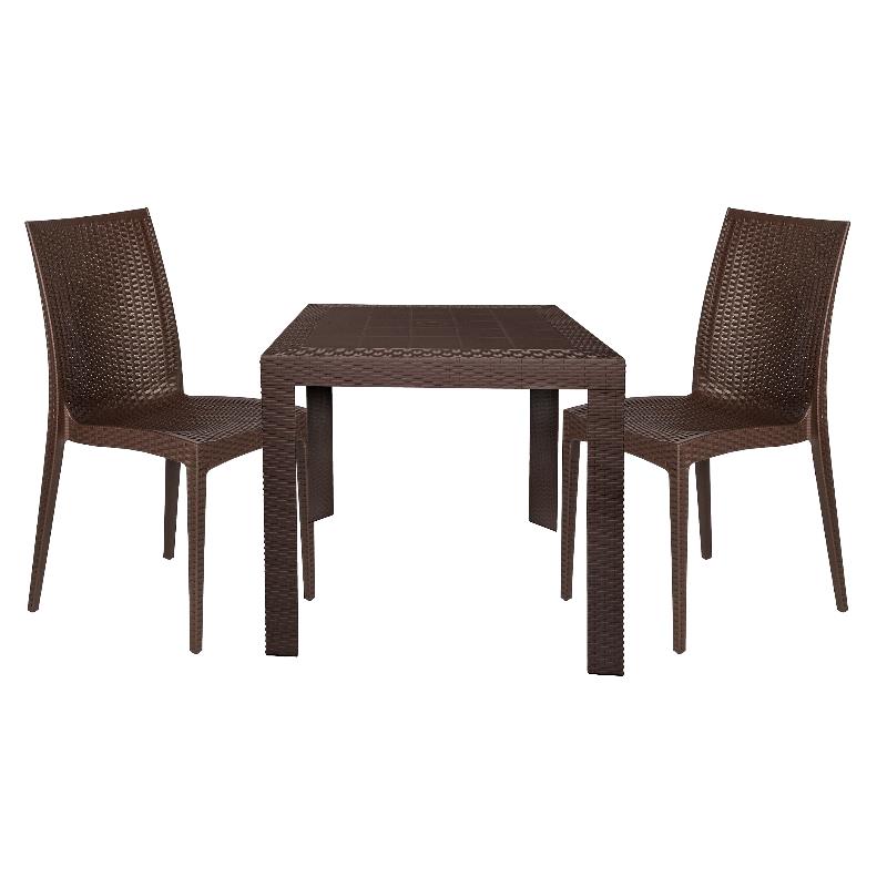 LeisureMod Mace Mid-Century 3-Piece Plastic Outdoor Dining Set Brown