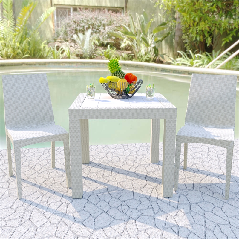 LeisureMod Mace Mid-Century 3-Piece Plastic Outdoor Dining Set White
