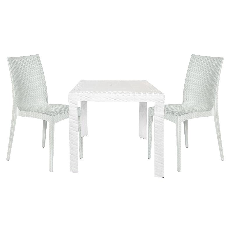 LeisureMod Mace Mid-Century 3-Piece Plastic Outdoor Dining Set White