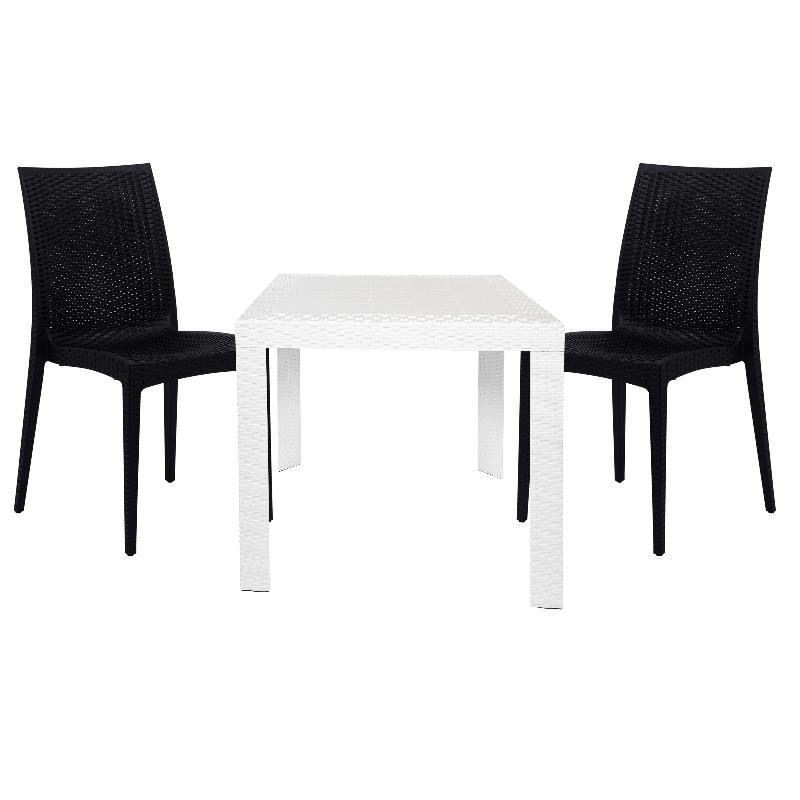 LeisureMod Mace Mid-Century 3-Piece Plastic Outdoor Dining Set White Black
