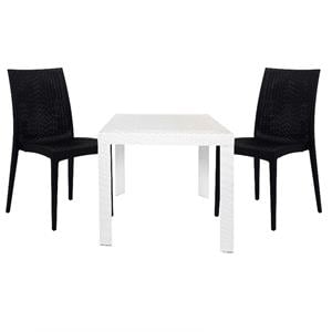 LeisureMod Mace Mid-Century 3-Piece Plastic Outdoor Dining Set White Black