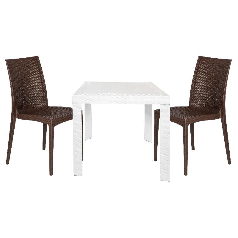 LeisureMod Mace Mid-Century 3-Piece Plastic Outdoor Dining Set White Brown