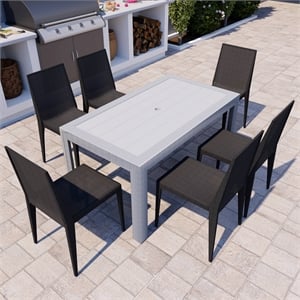 LeisureMod Mace Mid-Century 7-Piece Plastic Outdoor Dining Set White Black