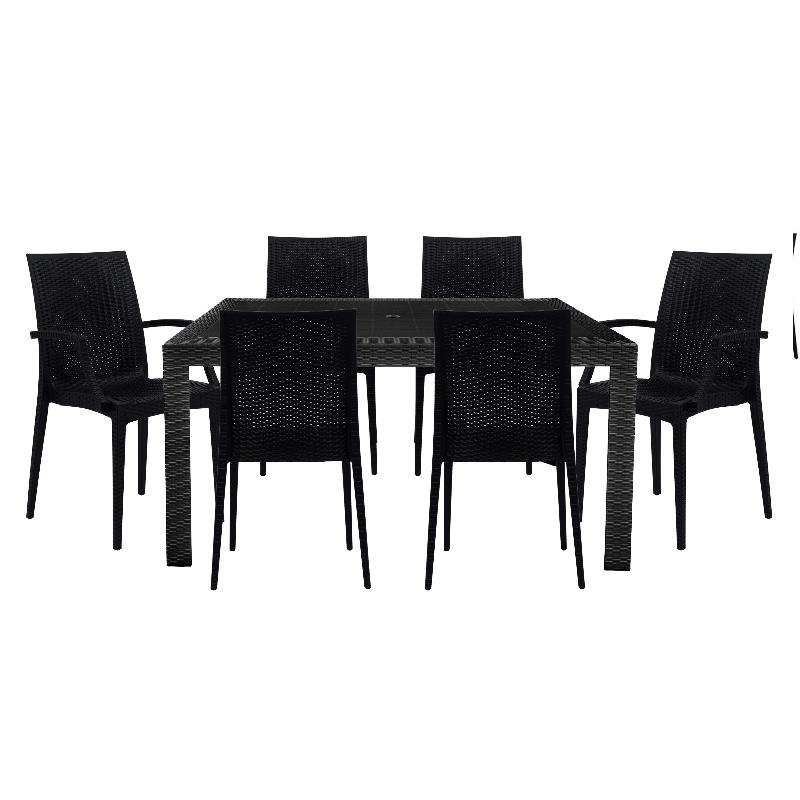LeisureMod Mace 7-Piece Rectangular Plastic Outdoor Dining Set Black
