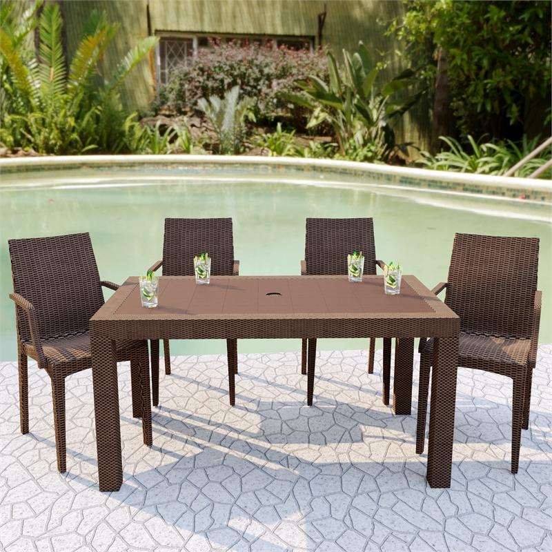 LeisureMod Mace 7-Piece Rectangular Plastic Outdoor Dining Set Brown