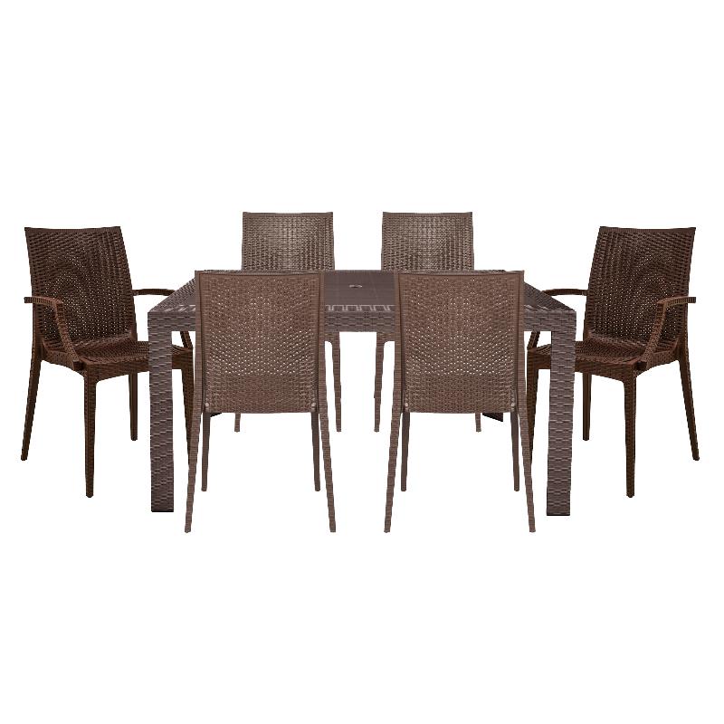 LeisureMod Mace 7-Piece Rectangular Plastic Outdoor Dining Set Brown