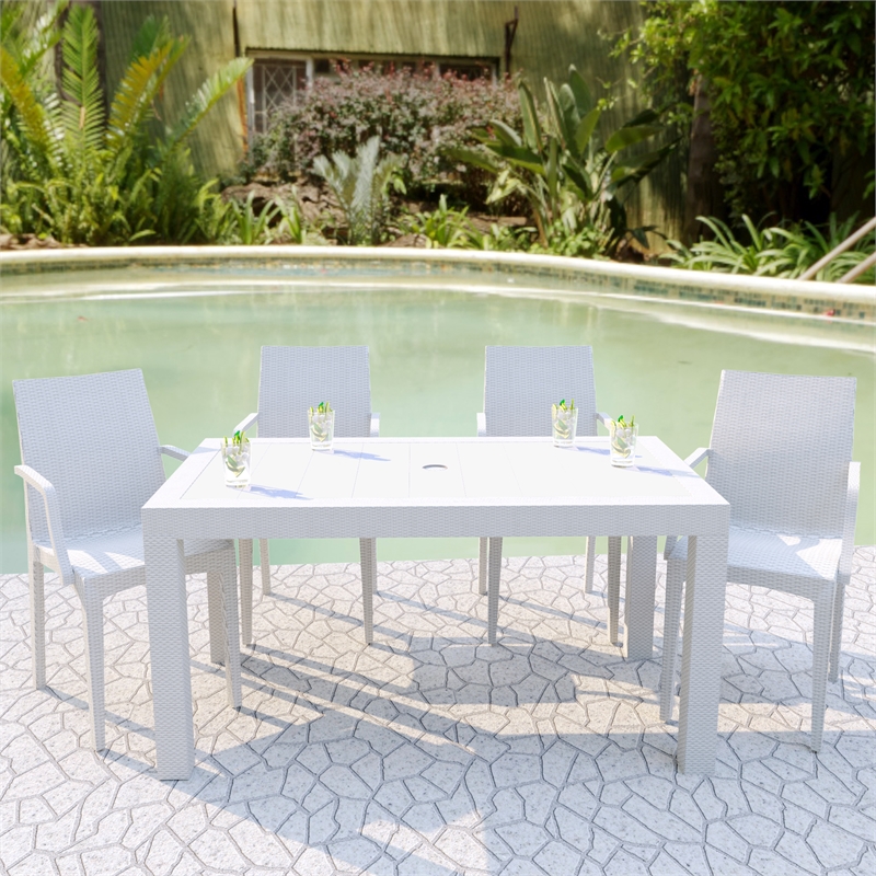 LeisureMod Mace 7-Piece Rectangular Plastic Outdoor Dining Set White Black