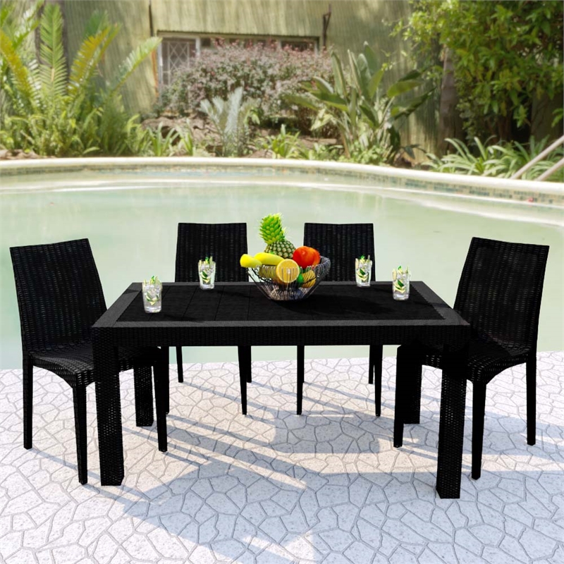 LeisureMod Mace 7-Piece Rectangular Plastic Outdoor Dining Set White Black