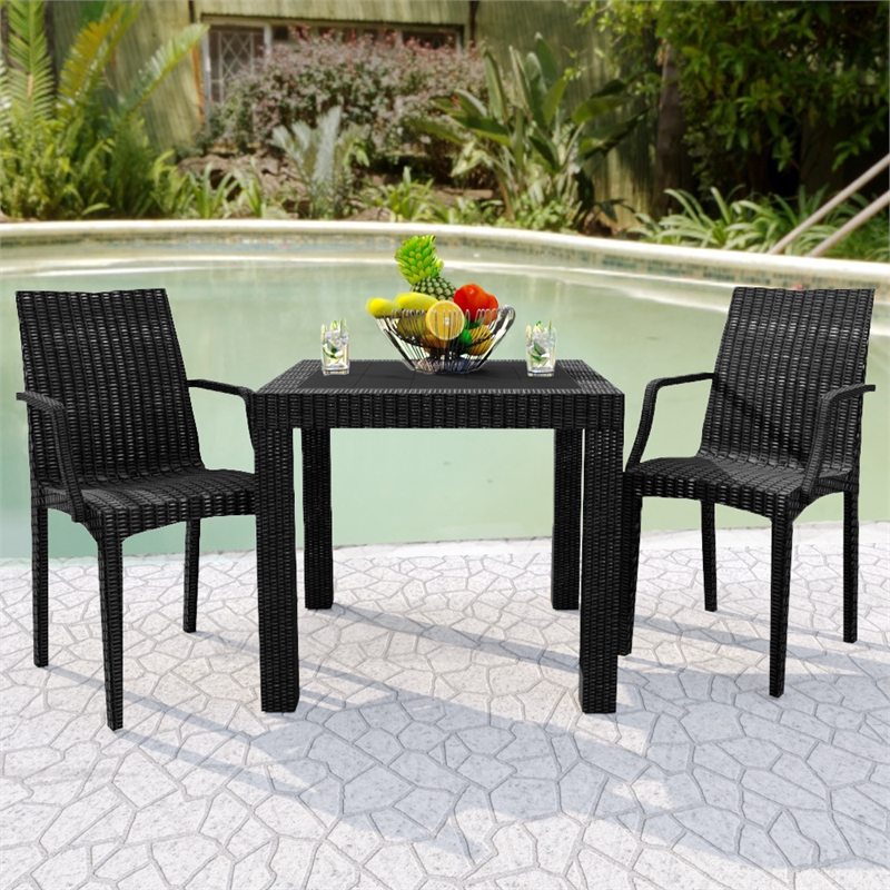 LeisureMod Mace 7-Piece Rectangular Plastic Outdoor Dining Set White Black