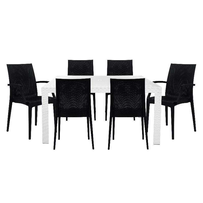 LeisureMod Mace 7-Piece Rectangular Plastic Outdoor Dining Set White Black
