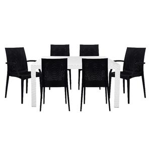 LeisureMod Mace 7-Piece Rectangular Plastic Outdoor Dining Set White Black