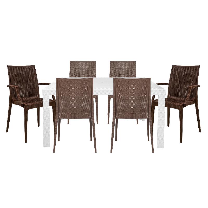 LeisureMod Mace 7-Piece Rectangular Plastic Outdoor Dining Set White Brown