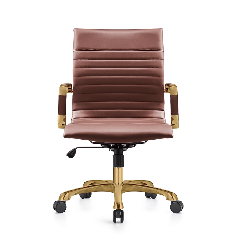 LeisureMod Harris Leather Office Chair with Gold Frame Dark Brown