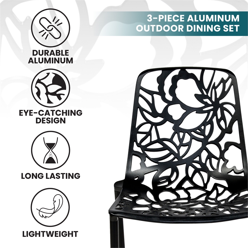 LeisureMod Devon 3-Piece Aluminum Dining Set with Table and Set of Chairs Black