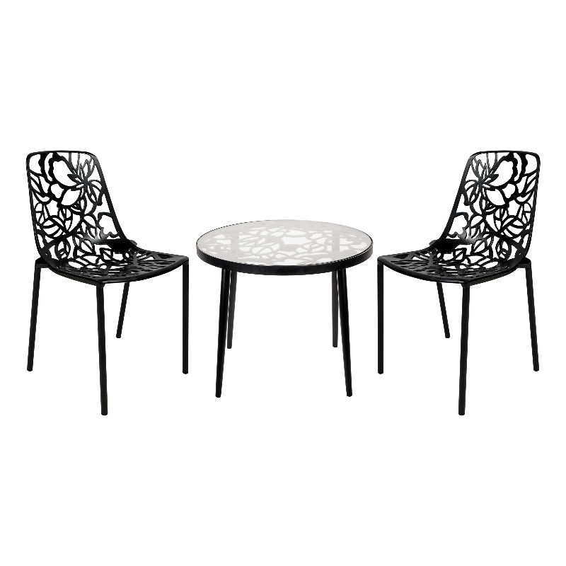 LeisureMod Devon 3-Piece Aluminum Dining Set with Table and Set of Chairs Black