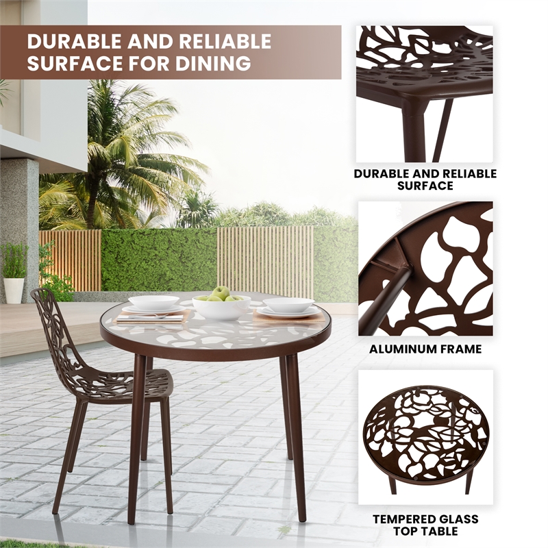LeisureMod Devon 3-Piece Aluminum Dining Set with Table and Set of Chairs Brown
