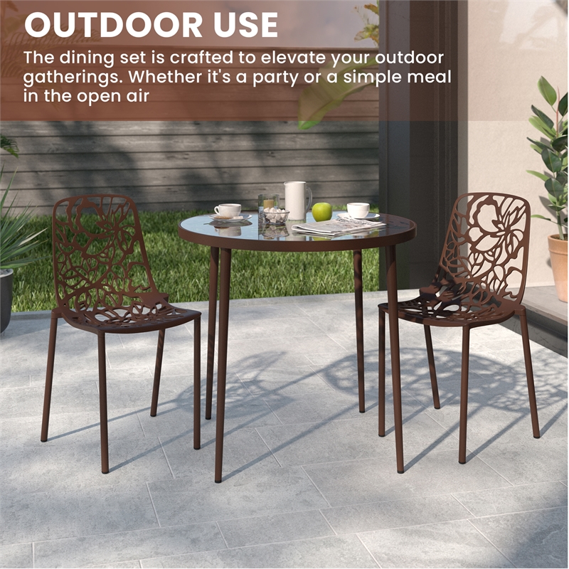 LeisureMod Devon 3-Piece Aluminum Dining Set with Table and Set of Chairs Brown