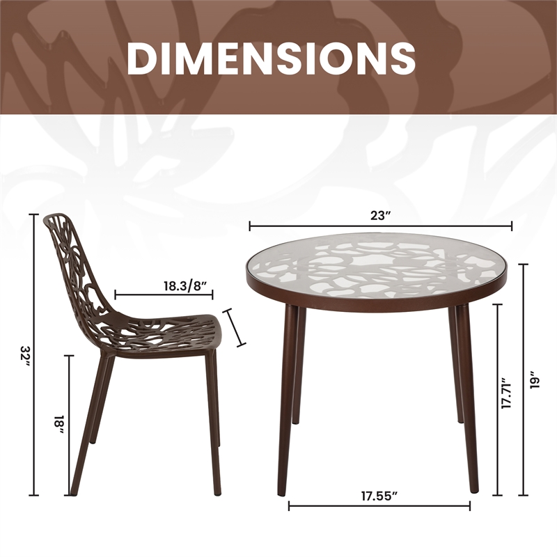 LeisureMod Devon 3-Piece Aluminum Dining Set with Table and Set of Chairs Brown
