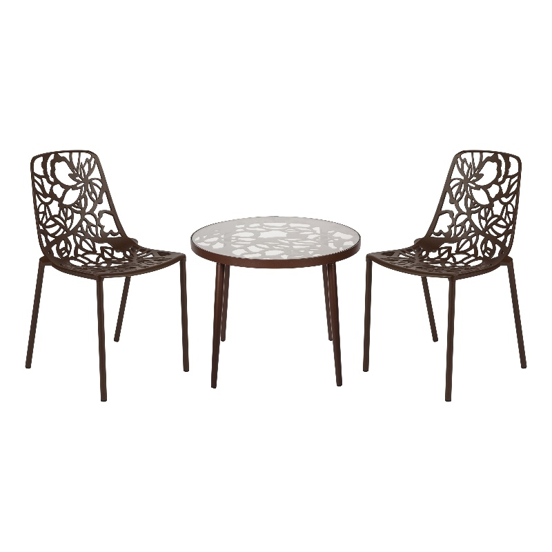 LeisureMod Devon 3-Piece Aluminum Dining Set with Table and Set of Chairs Brown