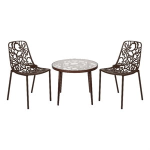 LeisureMod Devon 3-Piece Aluminum Dining Set with Table and Set of Chairs Brown