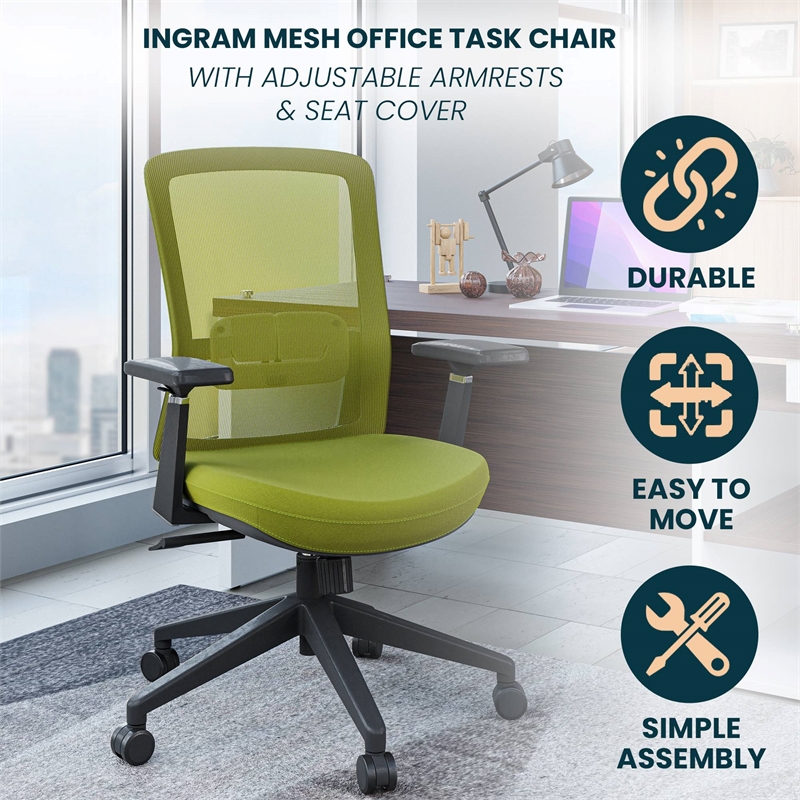LeisureMod Ingram Plastic Office Chair with Green Seat Cover