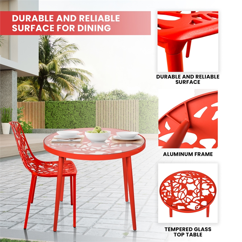 LeisureMod Devon 3-Piece Aluminum Dining Set with Table and Set of Chairs Red