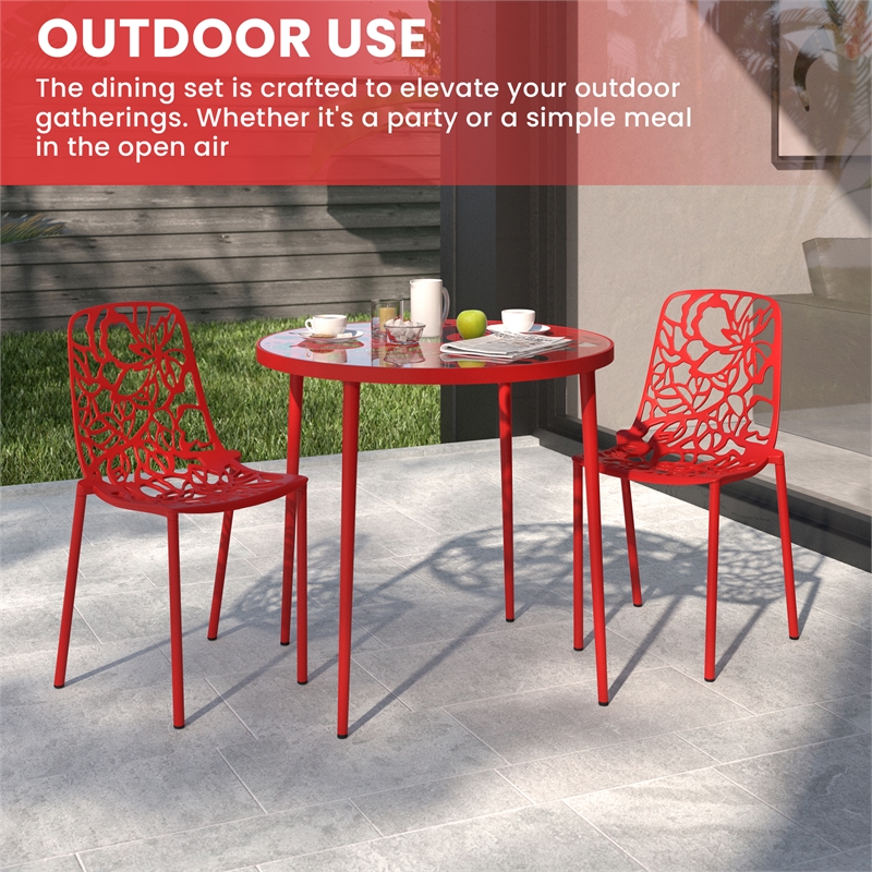 LeisureMod Devon 3-Piece Aluminum Dining Set with Table and Set of Chairs Red