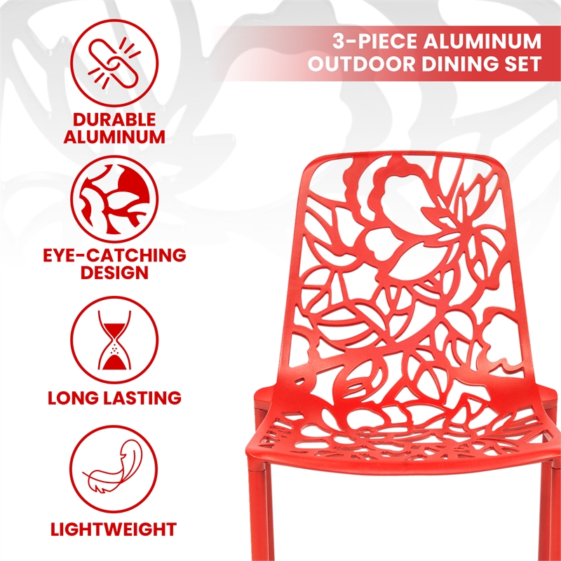 LeisureMod Devon 3-Piece Aluminum Dining Set with Table and Set of Chairs Red