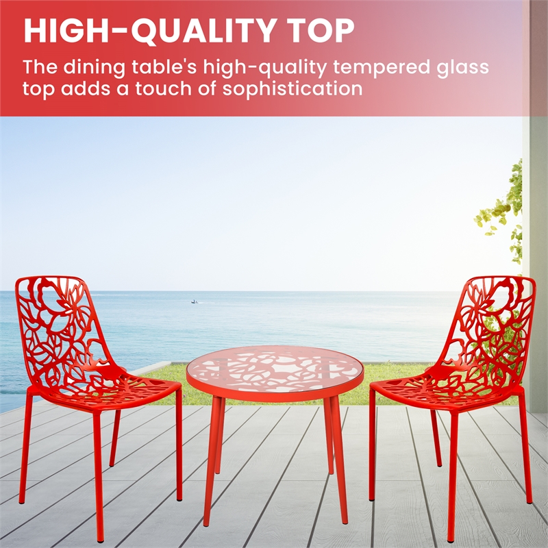 LeisureMod Devon 3-Piece Aluminum Dining Set with Table and Set of Chairs Red