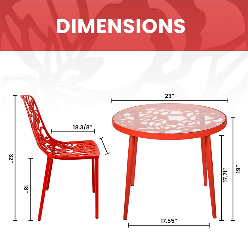 LeisureMod Devon 3-Piece Aluminum Dining Set with Table and Set of Chairs Red