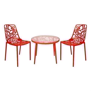LeisureMod Devon 3-Piece Aluminum Dining Set with Table and Set of Chairs Red