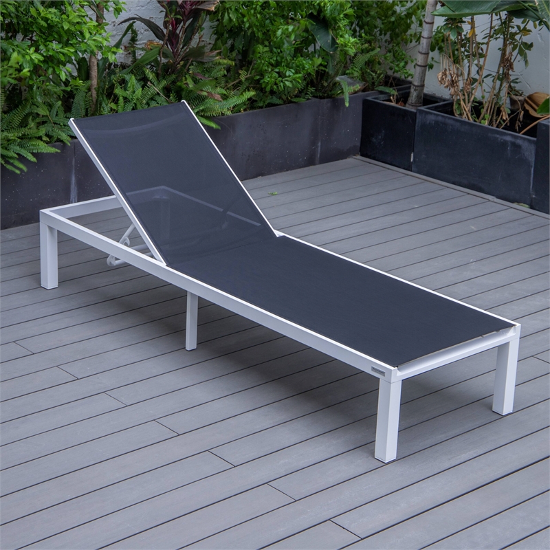LeisureMod Marlin 2 White Aluminum Lounge Chair and Fire Pit Table Black