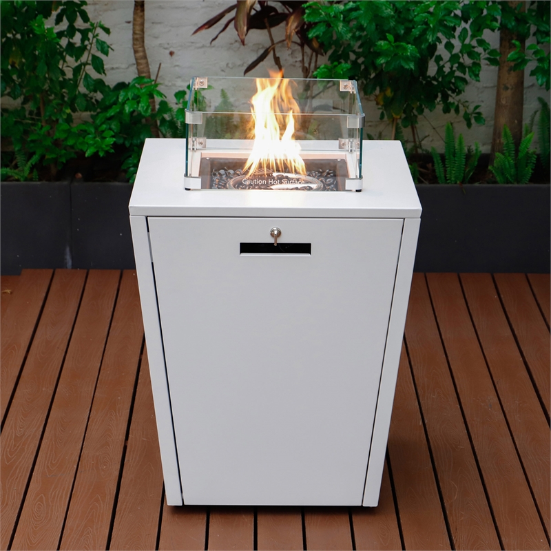 LeisureMod Marlin 2 White Aluminum Lounge Chair and Fire Pit Table Black