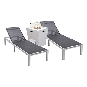 LeisureMod Marlin 2 White Aluminum Lounge Chair and Fire Pit Table Black